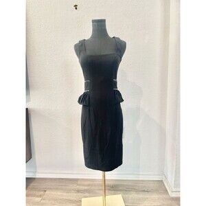 Dsquared2 Black Peplum Leather Trim Wool Mid-length Dress EU Sz 40 US 8 Bodycon